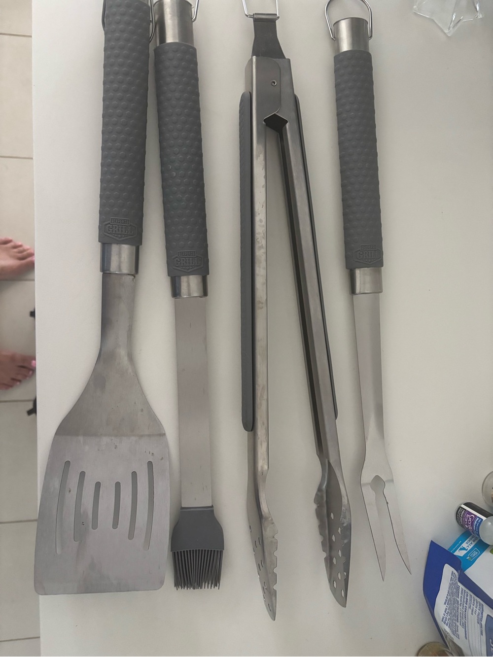 Grill Tool Set with Gray Handles - 4-Piece Stainless Steel BBQ Tools